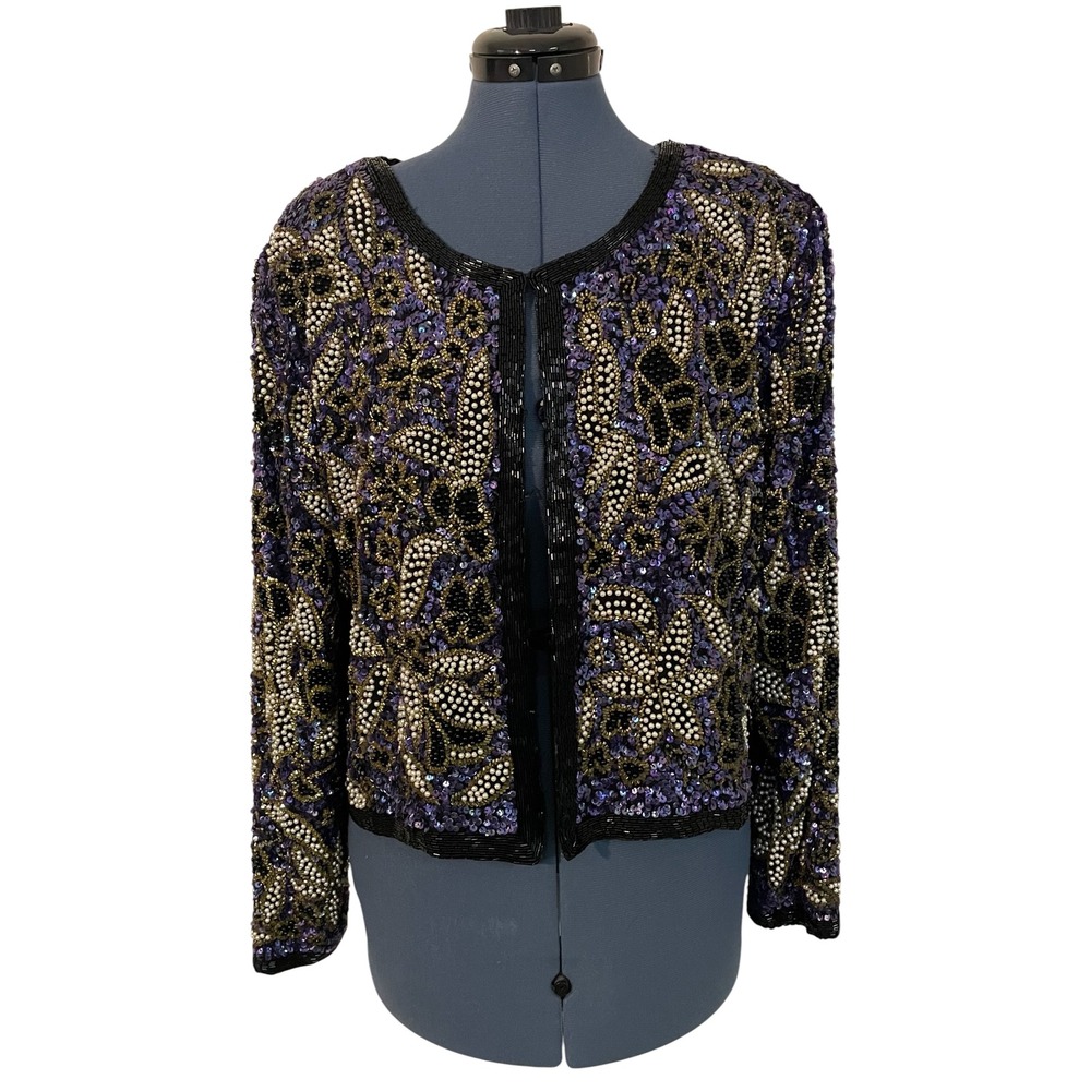 Vtg Stenay Purple Gold Floral Beaded Silk Evening Crop Jacket Bolero Glam XL - Picture 2 of 14
